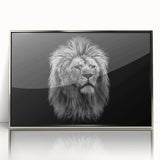 Framed acrylic wall art featuring a striking lion design in silver tones, showcasing intricate details of the majestic animal against a sleek modern backdrop, ideal for wildlife enthusiasts and home decor.