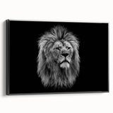 Framed canvas wall art showcasing a striking lion design, featuring intricate details and a bold black frame, perfect for animal lovers and home decor enthusiasts.