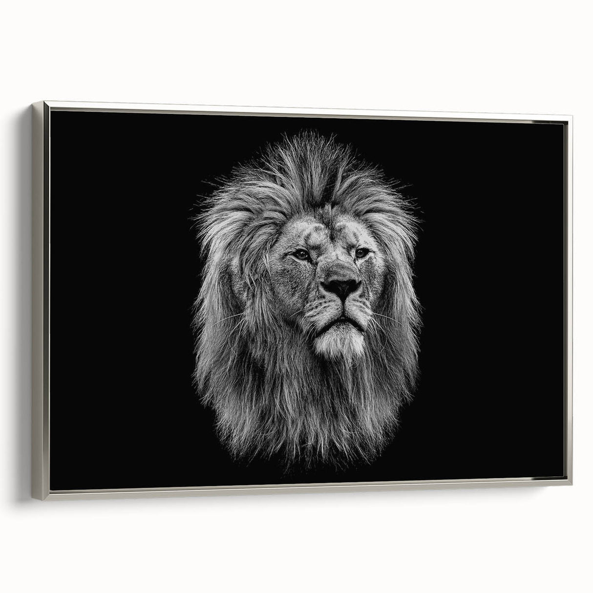 Framed wall art featuring a majestic silver lion design on a textured canvas, ideal for enhancing modern home decor with wildlife-inspired elegance.
