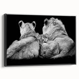 Framed wall art showcasing a striking lion design in a black color scheme, perfect for animal lovers and contemporary decor. Ideal for living rooms or offices.