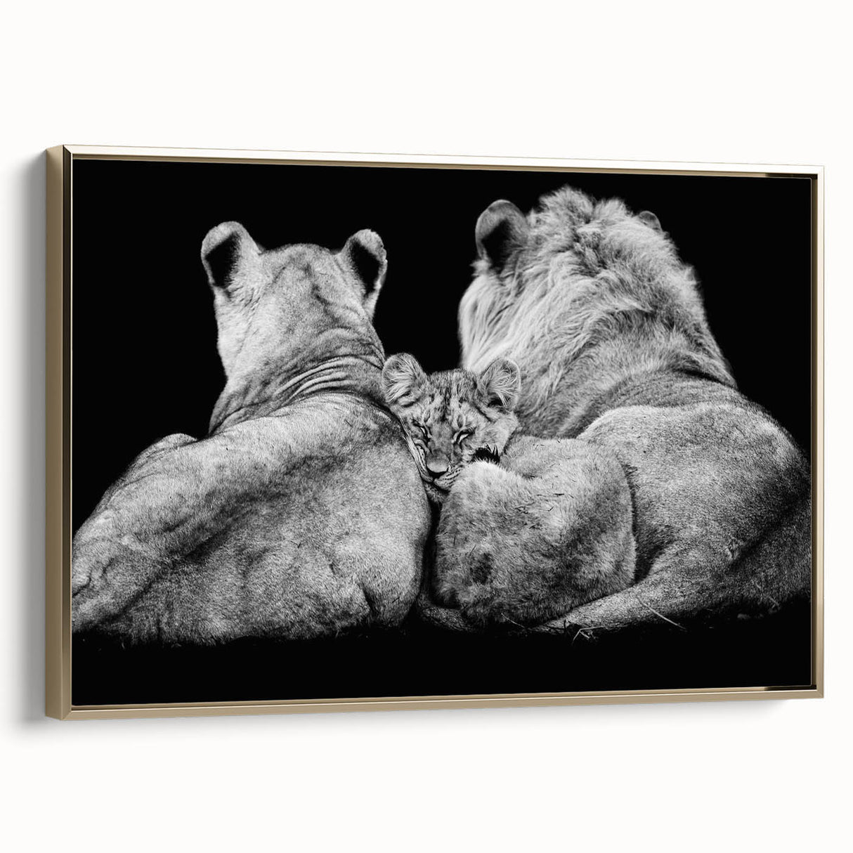 Framed wall art featuring a majestic lion design in gold tones, showcasing intricate details and textures, perfect for wildlife lovers and home decor enthusiasts.