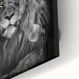 Close-up of a stunning acrylic glass wall art piece featuring a majestic lion design, showcasing intricate details and vibrant colors, perfect for animal lovers and home decor enthusiasts.