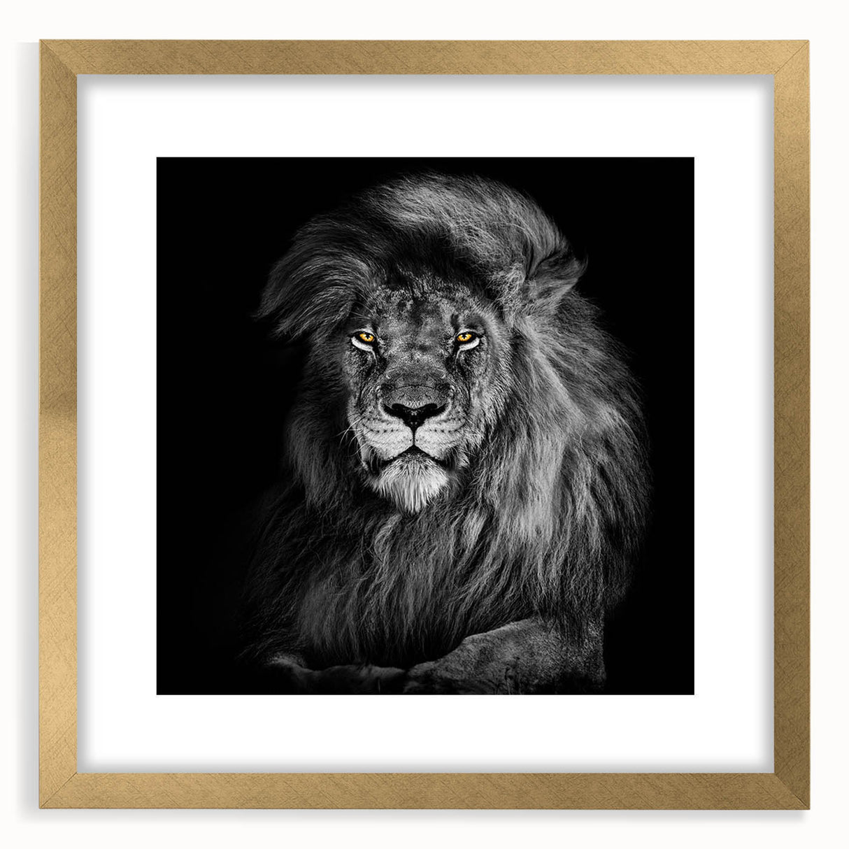Framed wall art featuring a majestic lion design in a gold frame, showcasing intricate details and vibrant colors, perfect for wildlife enthusiasts and home decor.