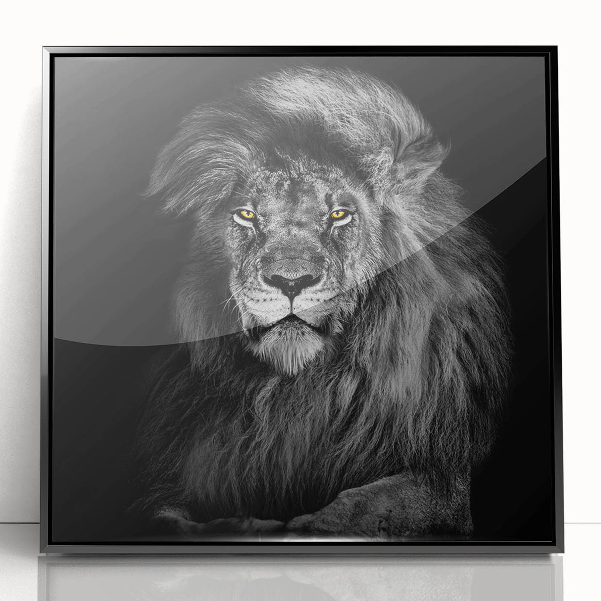 Framed wall art showcasing a majestic lion design in vibrant colors, set against a sleek black background, perfect for animal lovers and home decor enthusiasts.