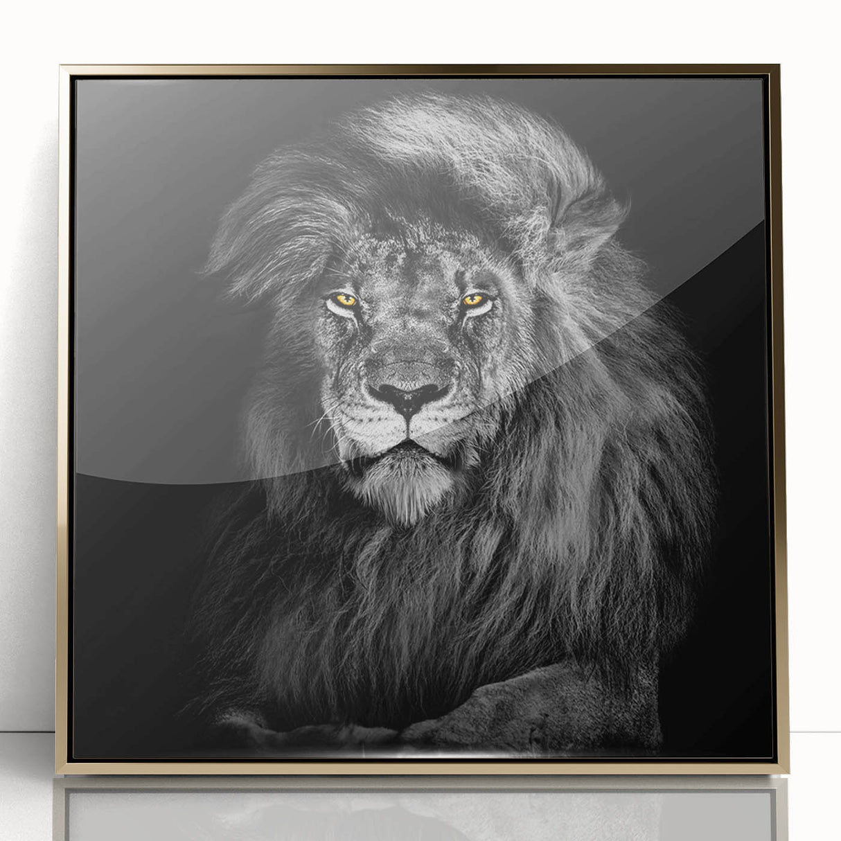 Framed wall art showcasing a majestic lion design in gold acrylic, featuring intricate details and a bold front view, perfect for wildlife enthusiasts and modern decor.