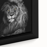 Close-up of a framed canvas featuring a majestic lion design, showcasing intricate details of its mane and expressive eyes, ideal for wildlife-themed decor.
