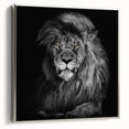 Framed wall art featuring a majestic lion design in silver tones, showcasing intricate details and textures, perfect for animal lovers and home decor enthusiasts.