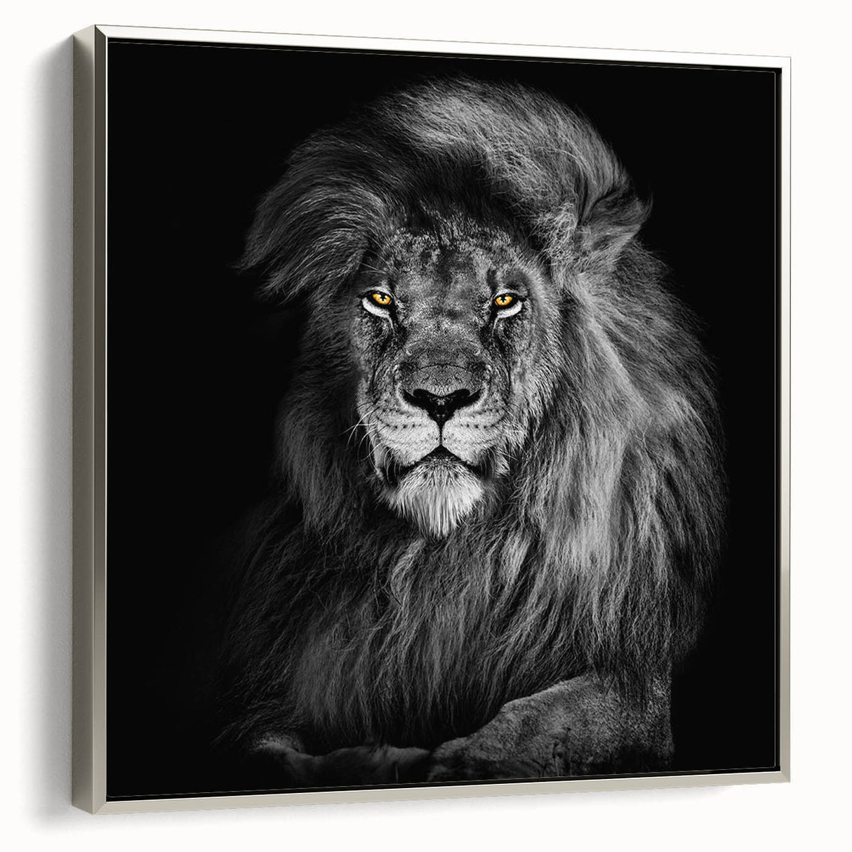 Framed wall art featuring a majestic lion design in silver tones, showcasing intricate details and textures, perfect for animal lovers and home decor enthusiasts.