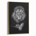 Framed canvas wall art showcasing a majestic lion design with gold accents, perfect for wildlife enthusiasts and home decor, side view perspective.