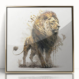 Framed wall art featuring a majestic lion design with a gold-accented acrylic front, ideal for wildlife enthusiasts and home decor lovers. This striking piece showcases vibrant colors and intricate details, perfect for adding a touch of nature-inspired elegance to any room.