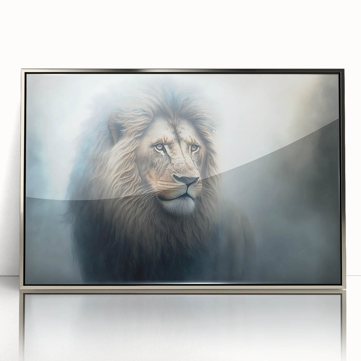 Framed wall art featuring a majestic lion design in vibrant colors, showcasing intricate details and a sleek silver frame, perfect for animal lovers and home decor.