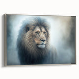 Framed silver canvas wall art showcasing a majestic lion design, highlighting its detailed features and vibrant colors, perfect for wildlife enthusiasts’ decor.