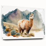 Acrylic glass wall art featuring a detailed side view of a llama and alpaca design, showcasing vibrant colors and intricate patterns, perfect for animal lovers' decor.