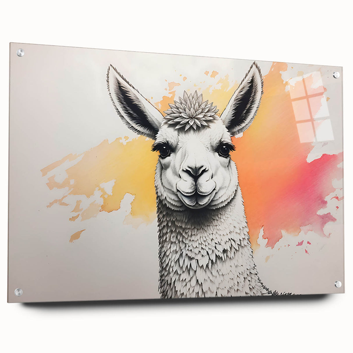 Side view of a llama and alpaca wall art collection printed on acrylic glass, showcasing vibrant colors and intricate designs, perfect for animal lovers’ decor.