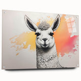 Side view of a llama and alpaca wall art collection printed on acrylic glass, showcasing vibrant colors and intricate designs, perfect for animal lovers’ decor.