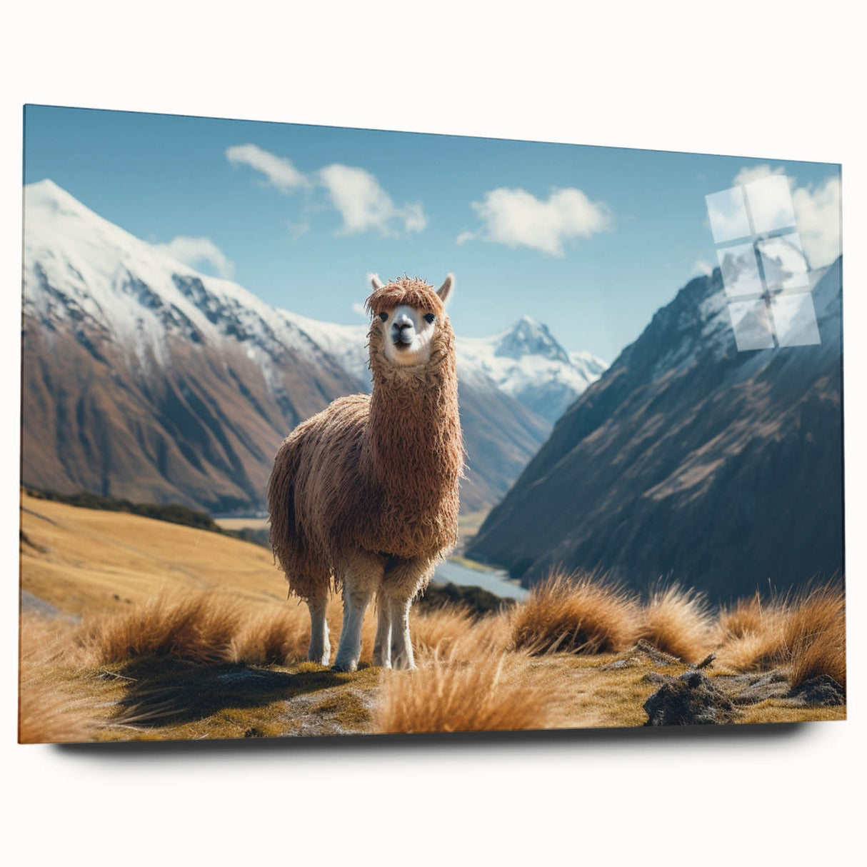 Side view of a high-quality acrylic glass wall art piece showcasing a vibrant llama and alpaca design, perfect for wildlife enthusiasts and home decor lovers.
