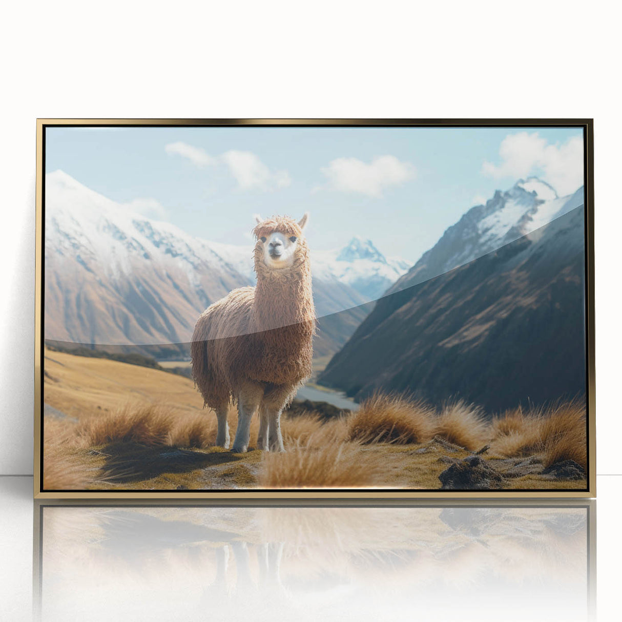 Framed wall art featuring a front view of a llama and alpaca design, showcasing vibrant colors and intricate details, perfect for animal lovers' decor.