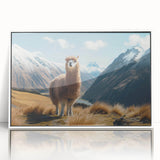 Framed acrylic wall art featuring a vibrant design of a llama and alpaca, showcasing intricate details and bright colors, set against a white background for a contemporary decor accent.