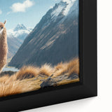 Close-up of a framed canvas wall art collection featuring a llama and alpaca design, showcasing vibrant colors and intricate details, perfect for animal lovers and home decor.
