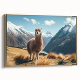 Framed canvas wall art showcasing a side view of a llama and an alpaca in an artistic design, featuring gold accents and vibrant colors, perfect for animal lovers' decor.