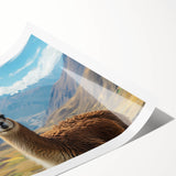 Vibrant rolled wall art print showcasing a whimsical design of a llama and alpaca amidst a colorful abstract background, ideal for animal lovers' decor.