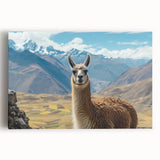 Vibrant stretched canvas wall art depicting a close-up of a llama and an alpaca in a colorful, whimsical design, ideal for animal lovers and home decor.