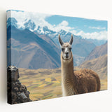 Stretched canvas wall art showcasing a side view of a llama and alpaca design in vibrant colors, perfect for animal lovers and home decor enthusiasts.