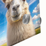 Close-up of vibrant acrylic glass wall art featuring a llama and alpaca design, showcasing intricate details and rich colors, ideal for animal lovers and home decor.