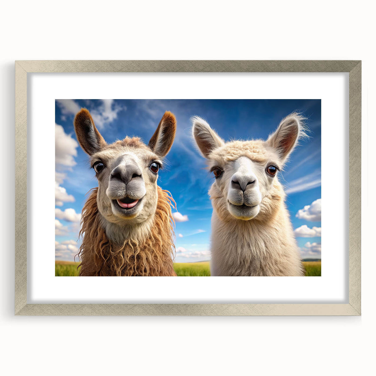 Framed wall art featuring a whimsical llama and alpaca design, showcasing vibrant colors and intricate details, ideal for animal lovers' home decor.