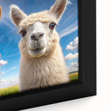 Close-up of a framed canvas wall art featuring a vibrant llama and alpaca design, showcasing intricate details and rich colors, perfect for animal lovers' decor.