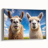 Framed wall art featuring a silver side view of a llama and alpaca design, showcasing their unique features and textures against a vibrant background. Perfect for animal lovers and home decor enthusiasts.
