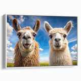 Framed wall art featuring a side view of a llama and alpaca design, with vibrant colors and intricate details, perfect for animal lovers and modern decor.