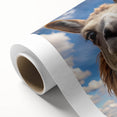 Vibrant rolled canvas art depicting a whimsical llama and alpaca design, showcasing colorful patterns and textures, perfect for animal lovers' home decor.