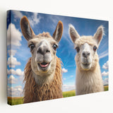 Llama and alpaca wall art design printed on stretched canvas, showcasing a vibrant side view with earthy colors, ideal for animal lovers and home decor enthusiasts.