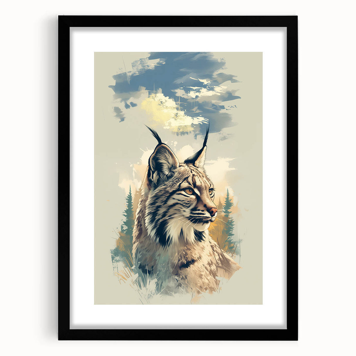 Lynx wall art print showcasing a striking design with intricate details, framed in black with a mat, perfect for enhancing modern home decor.