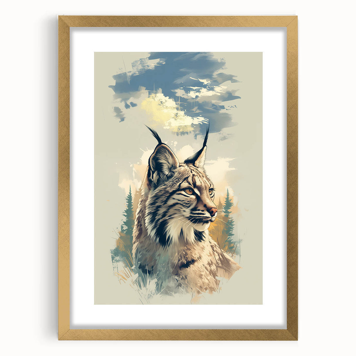 Lynx wall art print featuring a striking wildlife design in a gold frame with a mat, showcasing intricate details and vibrant colors, perfect for nature lovers.