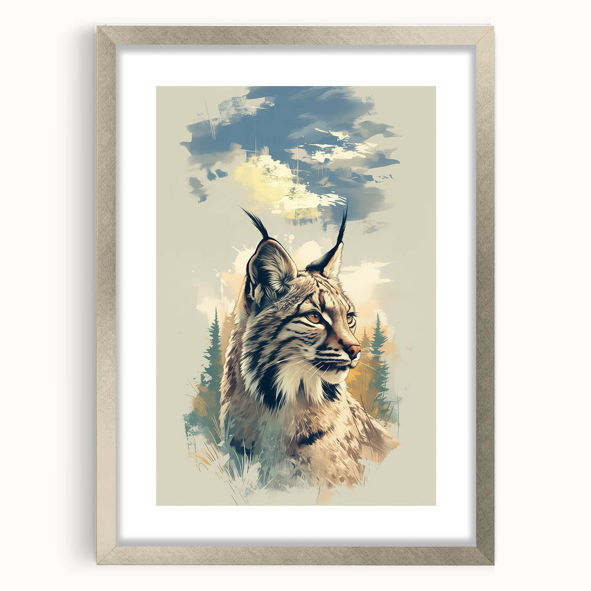Lynx wall art collection framed with a silver mat, showcasing a realistic lynx design in a modern style, perfect for wildlife enthusiasts and home decor.