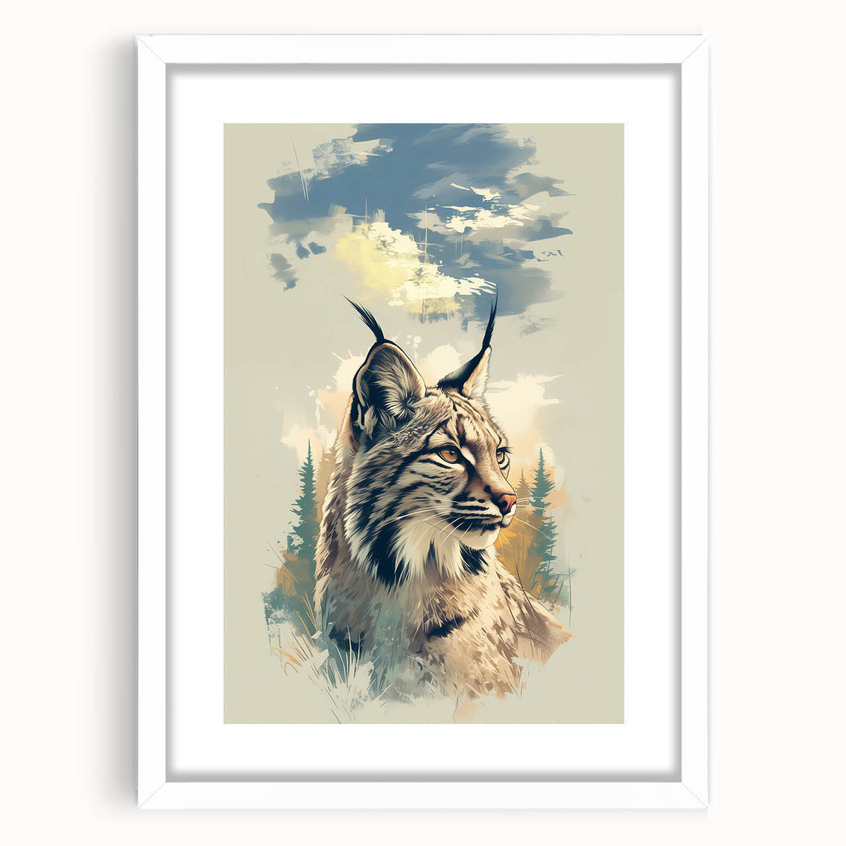 Lynx-themed wall art featuring a detailed illustration of a wild lynx, framed in white with a mat, perfect for wildlife enthusiasts and home decor.