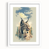 Lynx-themed wall art featuring a detailed illustration of a wild lynx, framed in white with a mat, perfect for wildlife enthusiasts and home decor.