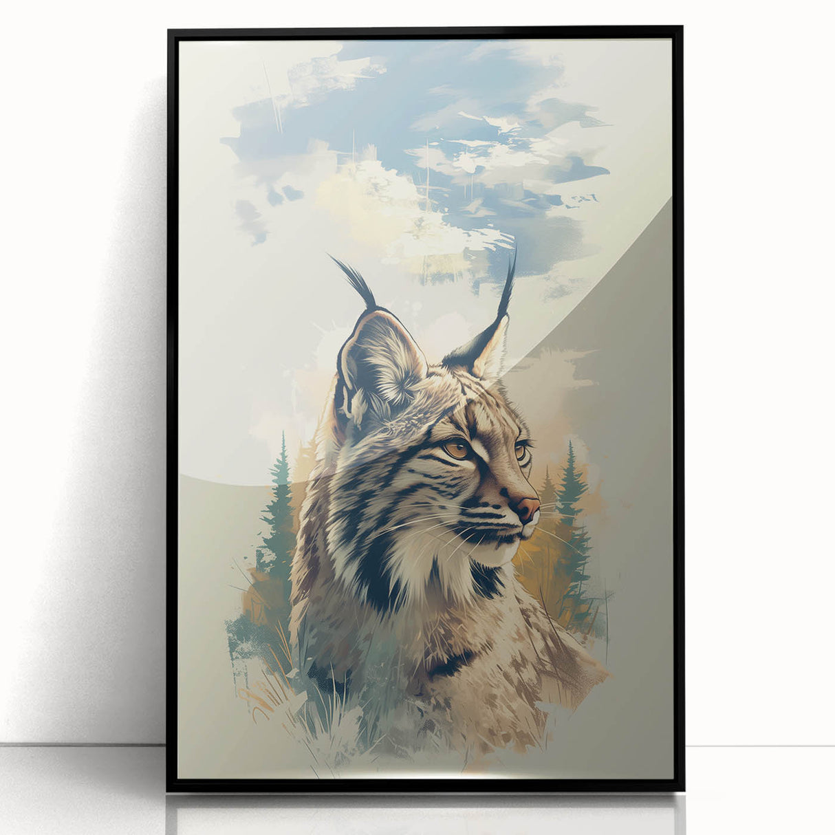 Framed acrylic wall art showcasing a striking lynx design in a contemporary black frame, perfect for adding a wildlife touch to modern decor.