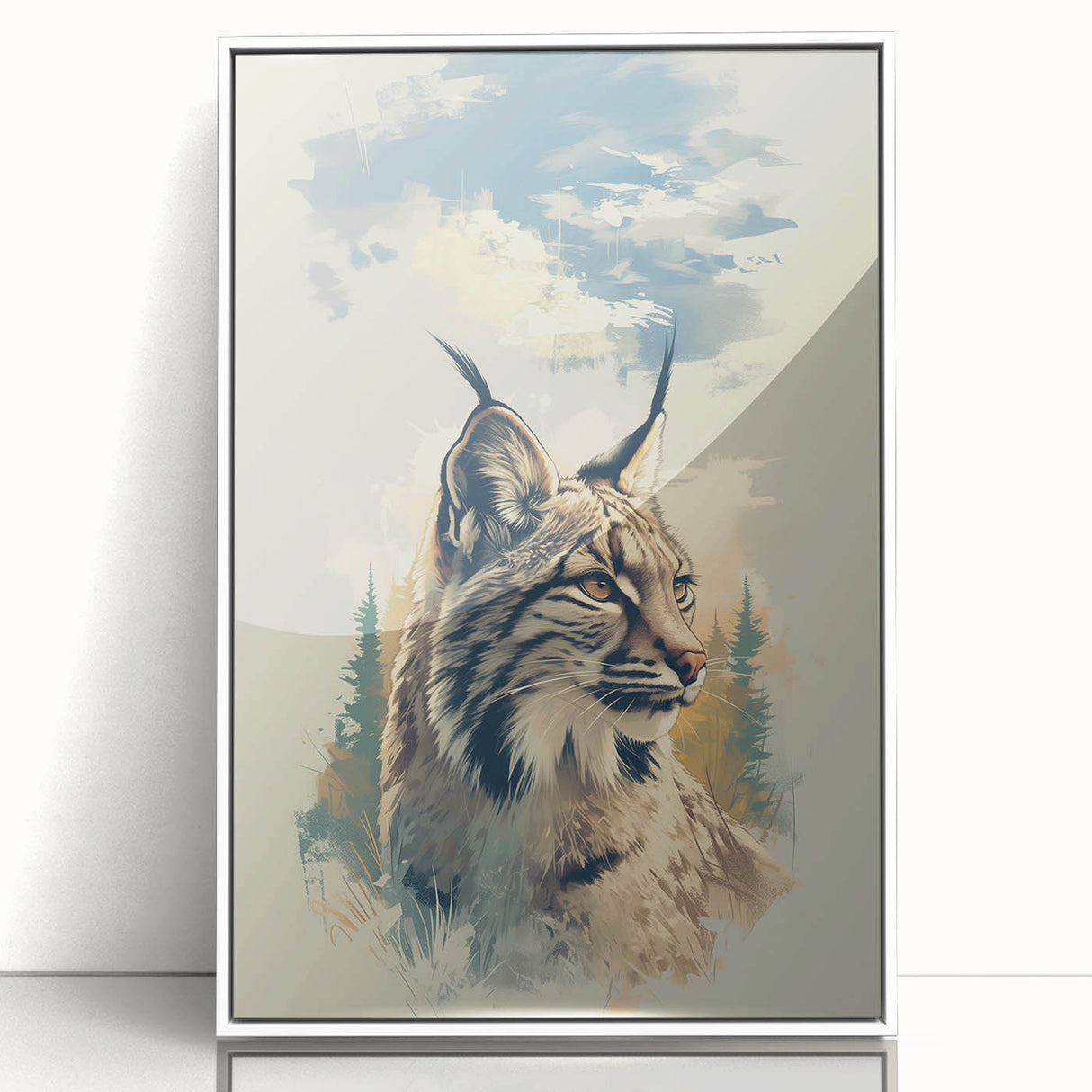 Framed wall art featuring a lynx design, showcasing intricate details and vibrant colors, set against a sleek white background, perfect for wildlife enthusiasts.