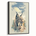 Framed wall art featuring a lynx design on canvas, showcasing intricate detailing with a black frame, ideal for wildlife enthusiasts and home decor.