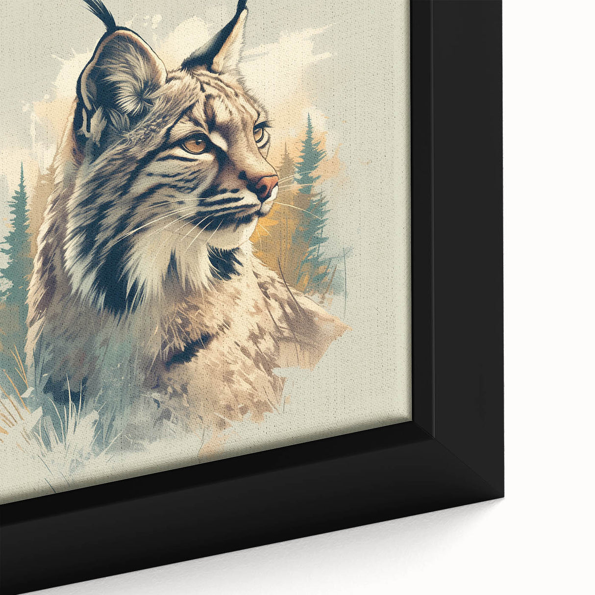 Close-up of a framed canvas wall art featuring a detailed lynx design in a vibrant color palette, showcasing the beauty of wildlife art for home decor.