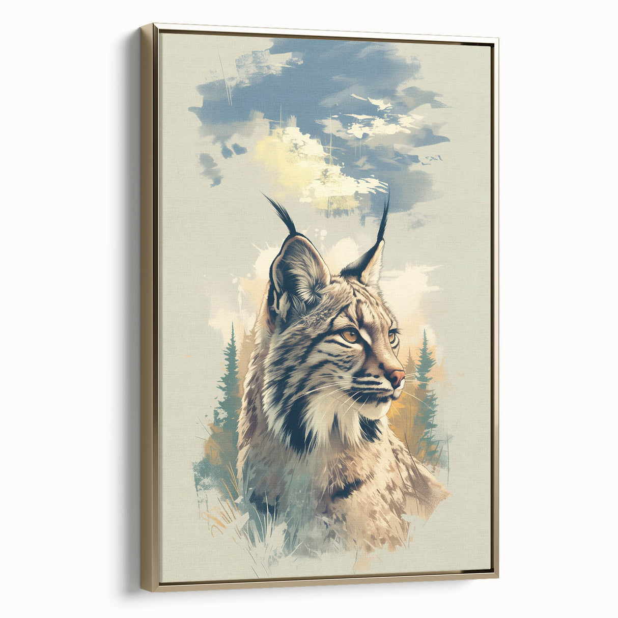 Framed canvas wall art featuring a lynx design, showcasing intricate details and a gold frame. Ideal for animal lovers and modern decor enthusiasts.