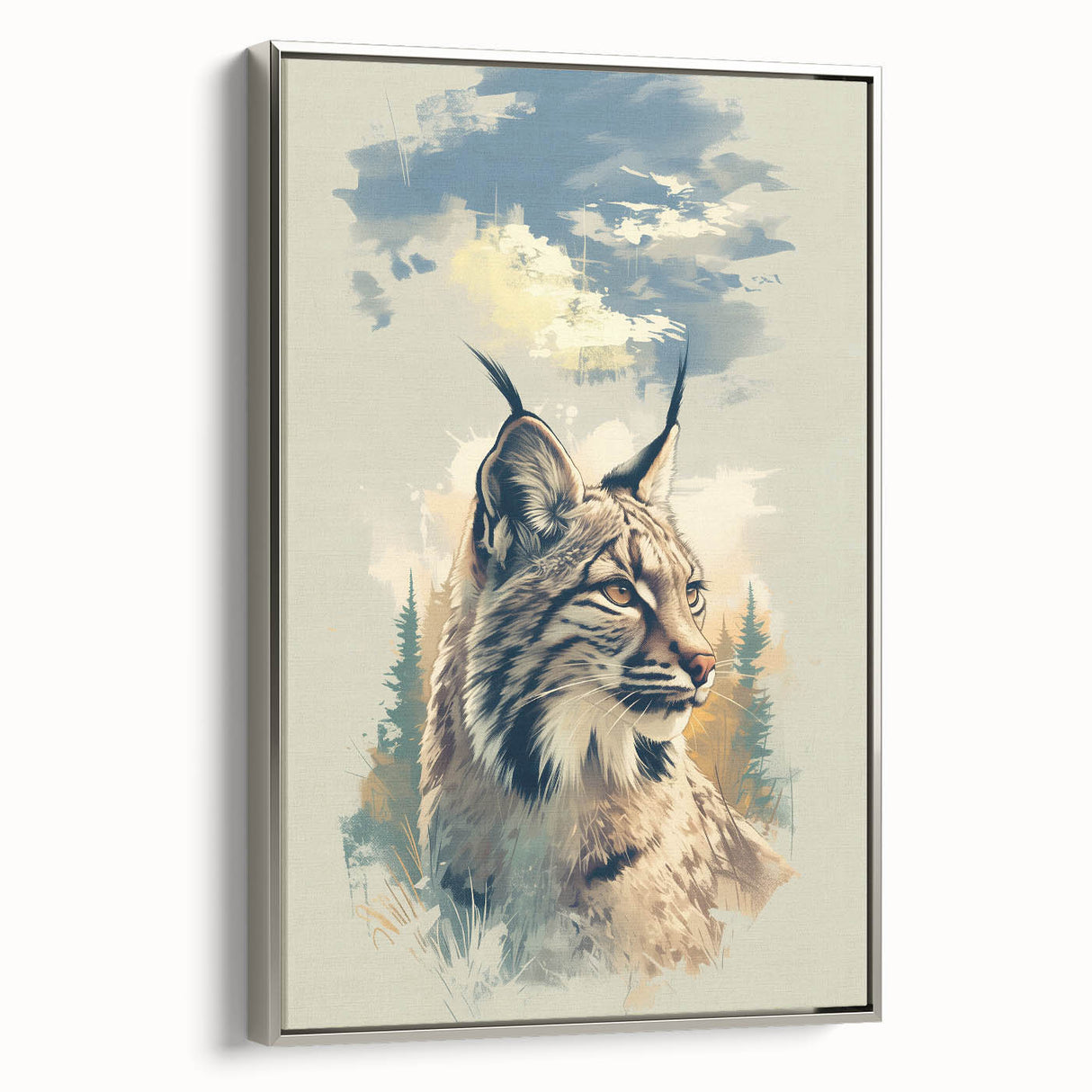 Framed canvas wall art showcasing a lynx design, featuring intricate details and a silver frame, perfect for enhancing modern home decor with a touch of wildlife elegance.
