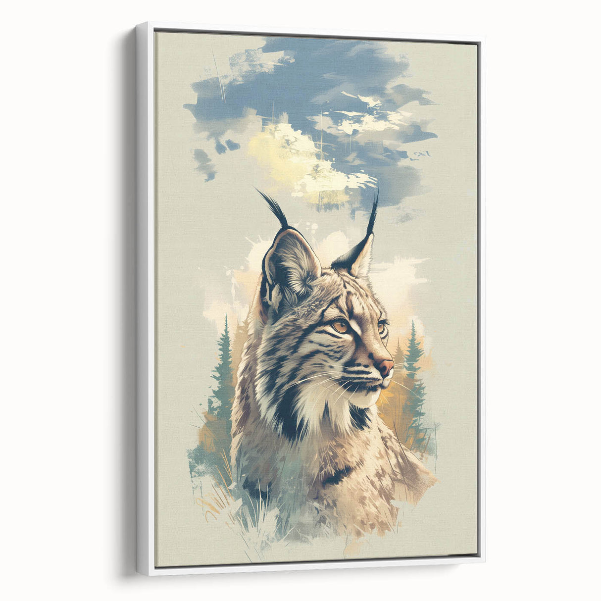 Framed canvas wall art featuring a stunning lynx design, showcasing intricate details and rich colors against a white background, perfect for animal lovers' decor.