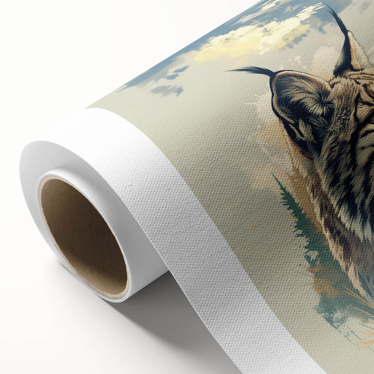 Lynx wall art design on rolled canvas, showcasing detailed wildlife imagery with vibrant colors, perfect for nature enthusiasts and home decor.