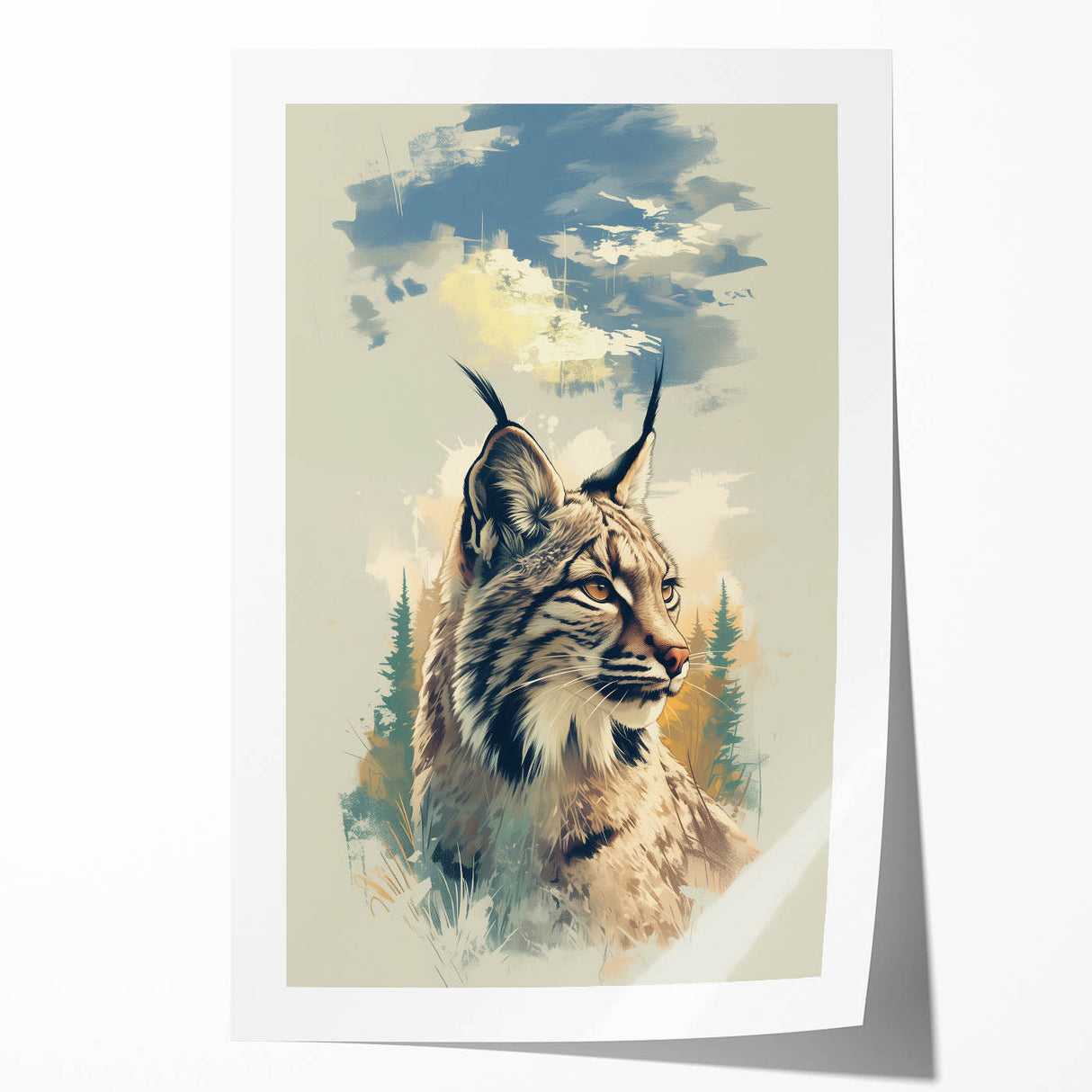 Lynx wall art design showcasing a detailed illustration of a lynx in a natural setting, printed on high-quality paper, ideal for wildlife enthusiasts and home decor.