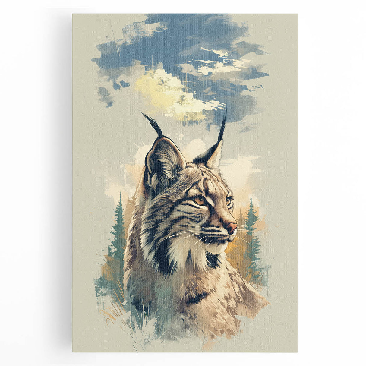Lynx wall art design on stretched canvas, showcasing a vibrant depiction of the wild feline in a natural setting, ideal for animal lovers and home decor enthusiasts.