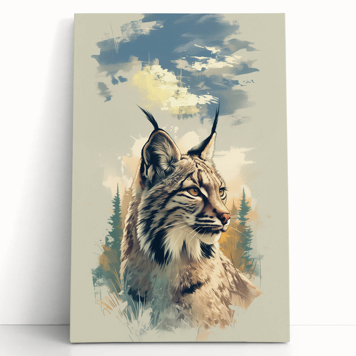 Stretched canvas wall art featuring a beautifully detailed lynx design in natural colors, leaning against a modern backdrop, perfect for animal lovers and home decor enthusiasts.